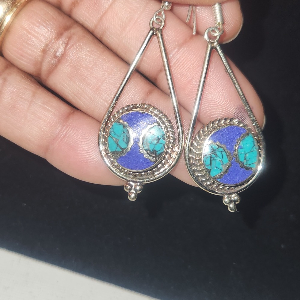 Boho Turquoise Lapis Lazuli Inlay‎ Teardrop Dangle Earrings Silver Tone 2 Inch